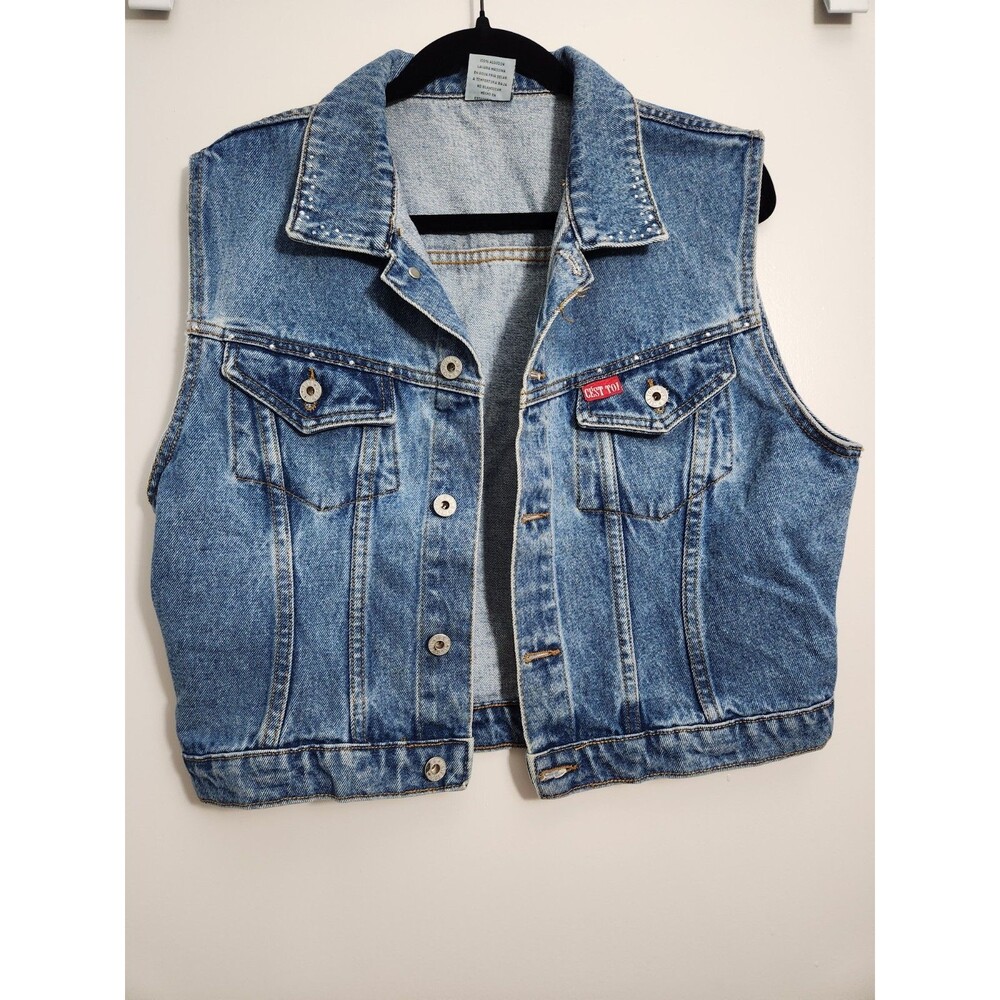 Cest Toi Womens Sz L Embellished Sleeveless Denim Vest Wearable Western Boho